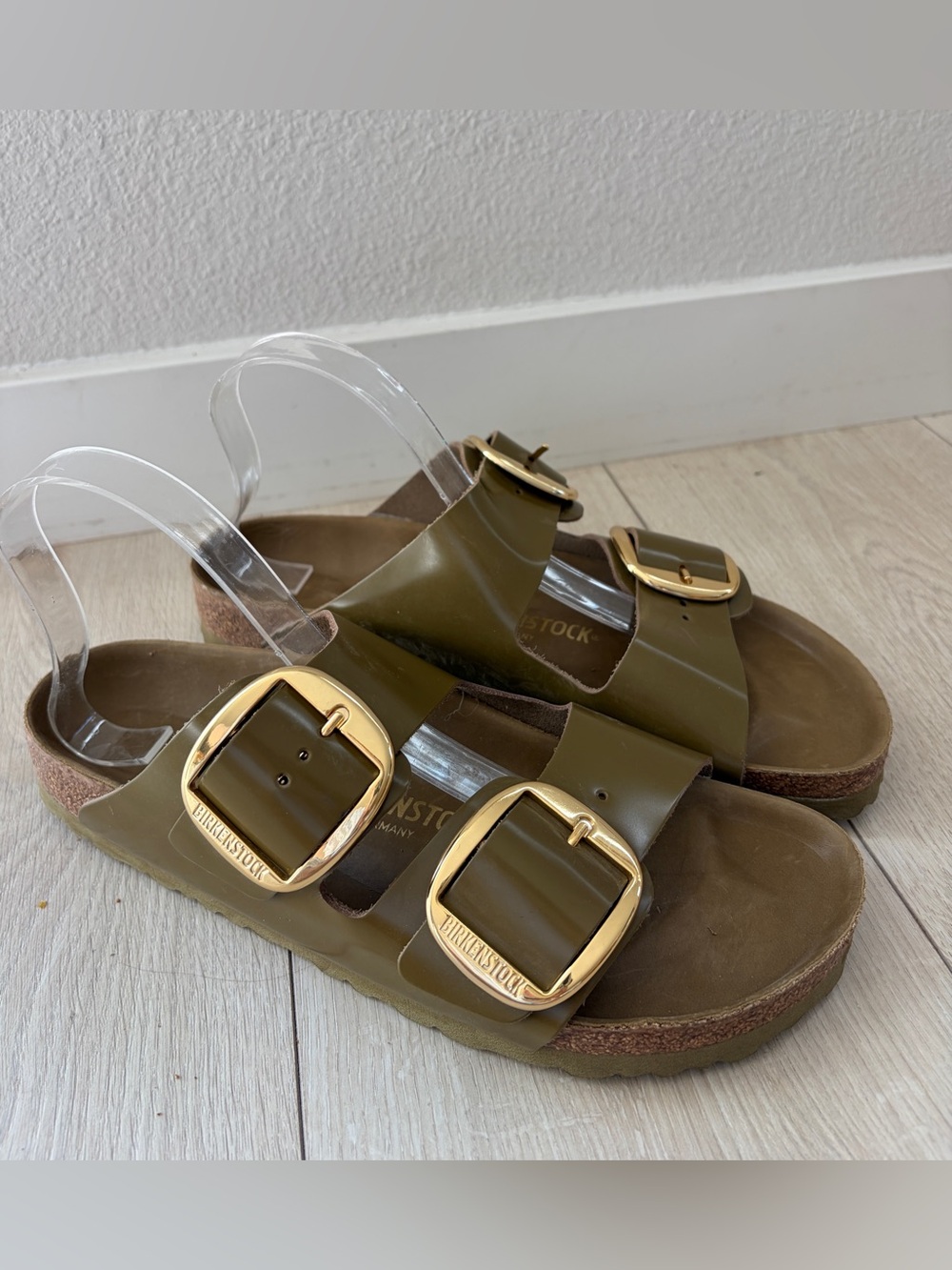 Women’s Olive Green Patent Leather Sandals with Gold Hardware